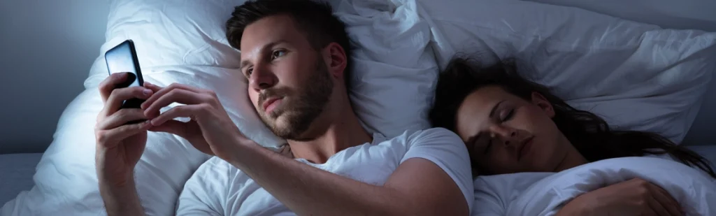 Man using a cellphone while his wife sits on the bed, suggesting infidelity and tension in their relationship
