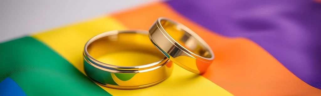 Wedding rings on top of an LGTBQ+ flag