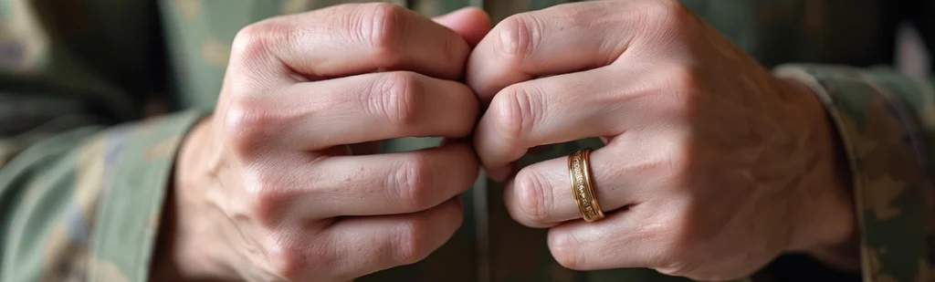 Soldier in military uniform showing his wedding ring before ending his marriage