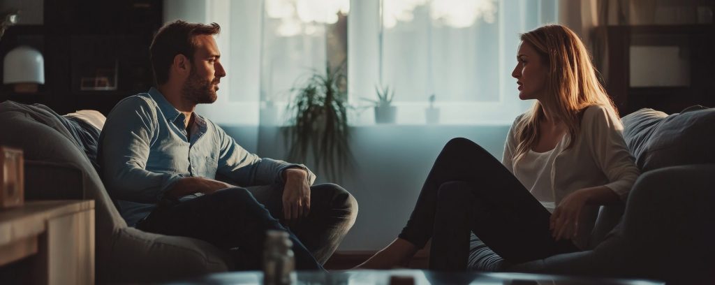 couple at home having serious but calm conversation discussing relationship issues