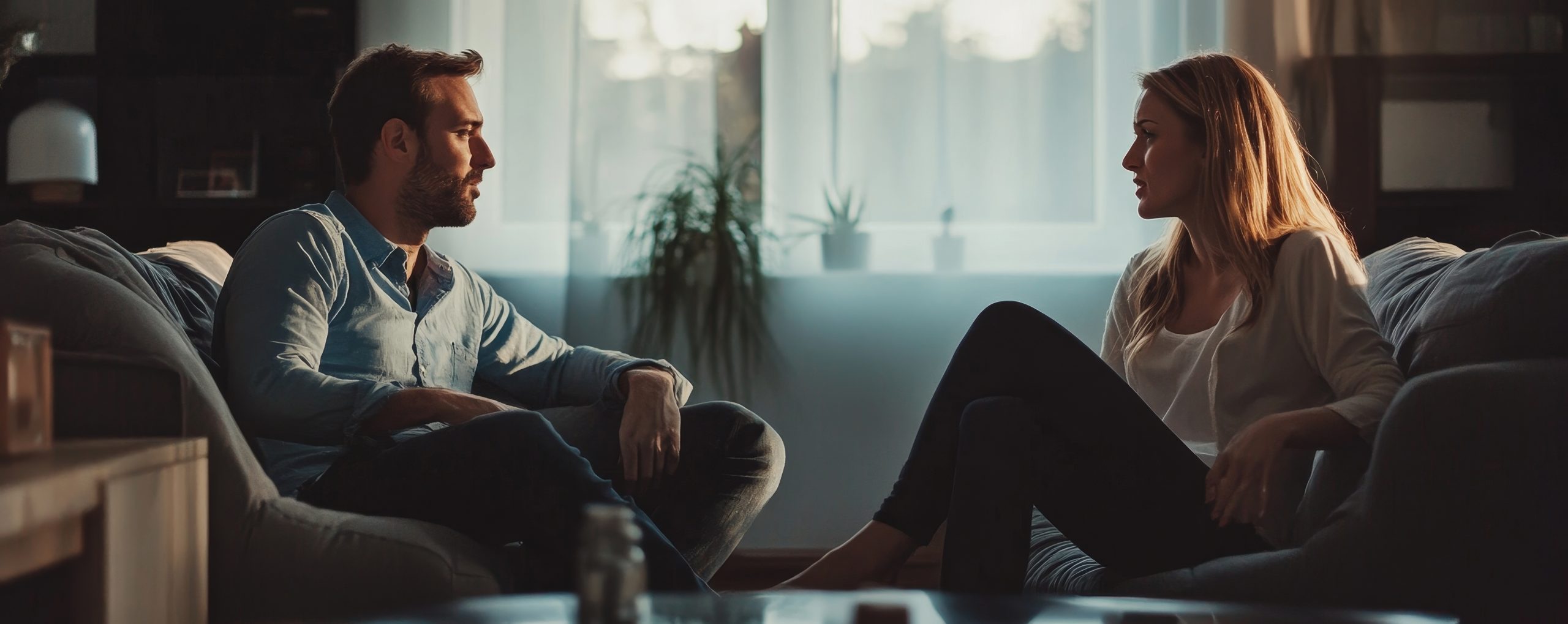 couple at home having serious but calm conversation discussing relationship issues