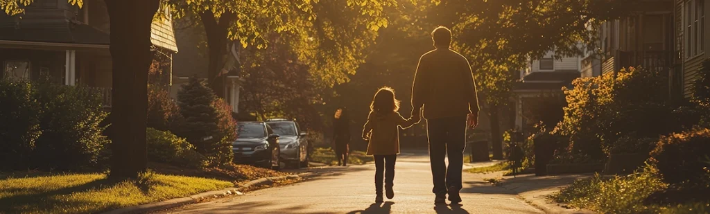 Dad and daughter Walking to School Bus at Sunset