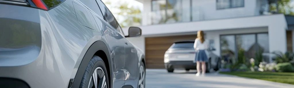 Woman Stands in Front of Modern House and spouse behind the car watching