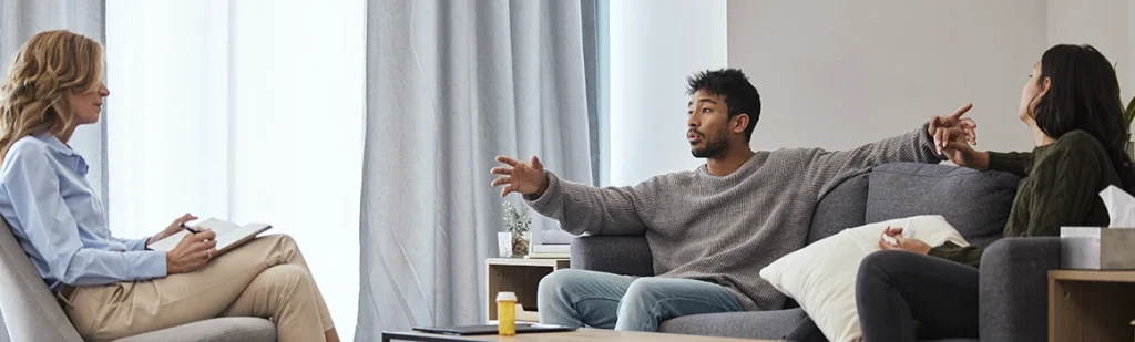 Narcissist spouse blames wife for marriage problems during therapy session