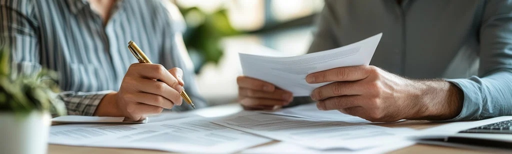 Man and estate planning attorney reviewing documents at desk