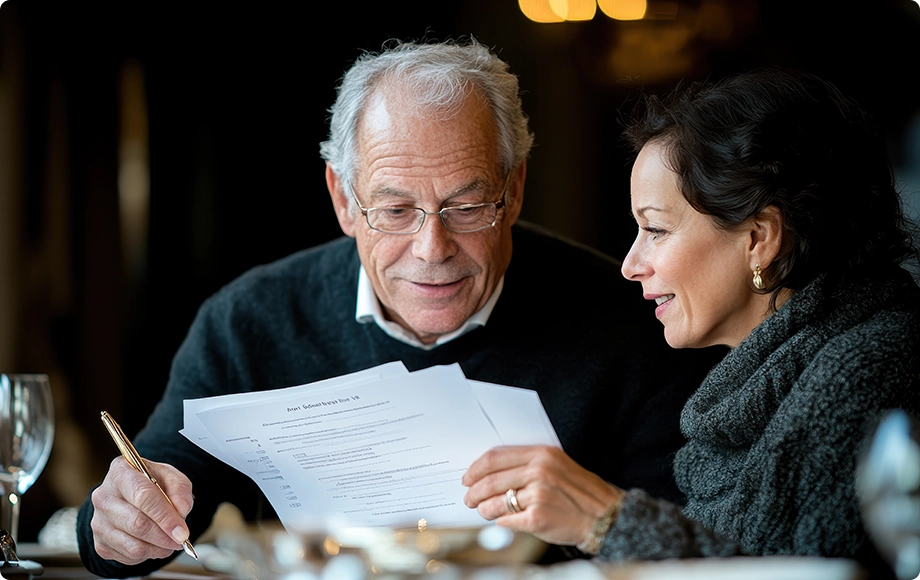 Wealthy Older couple reviewing finances together home office
